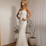 Prague beaded crepe fit-and-flare wedding dress with strapless sweetheart neckline and sculpted bodice