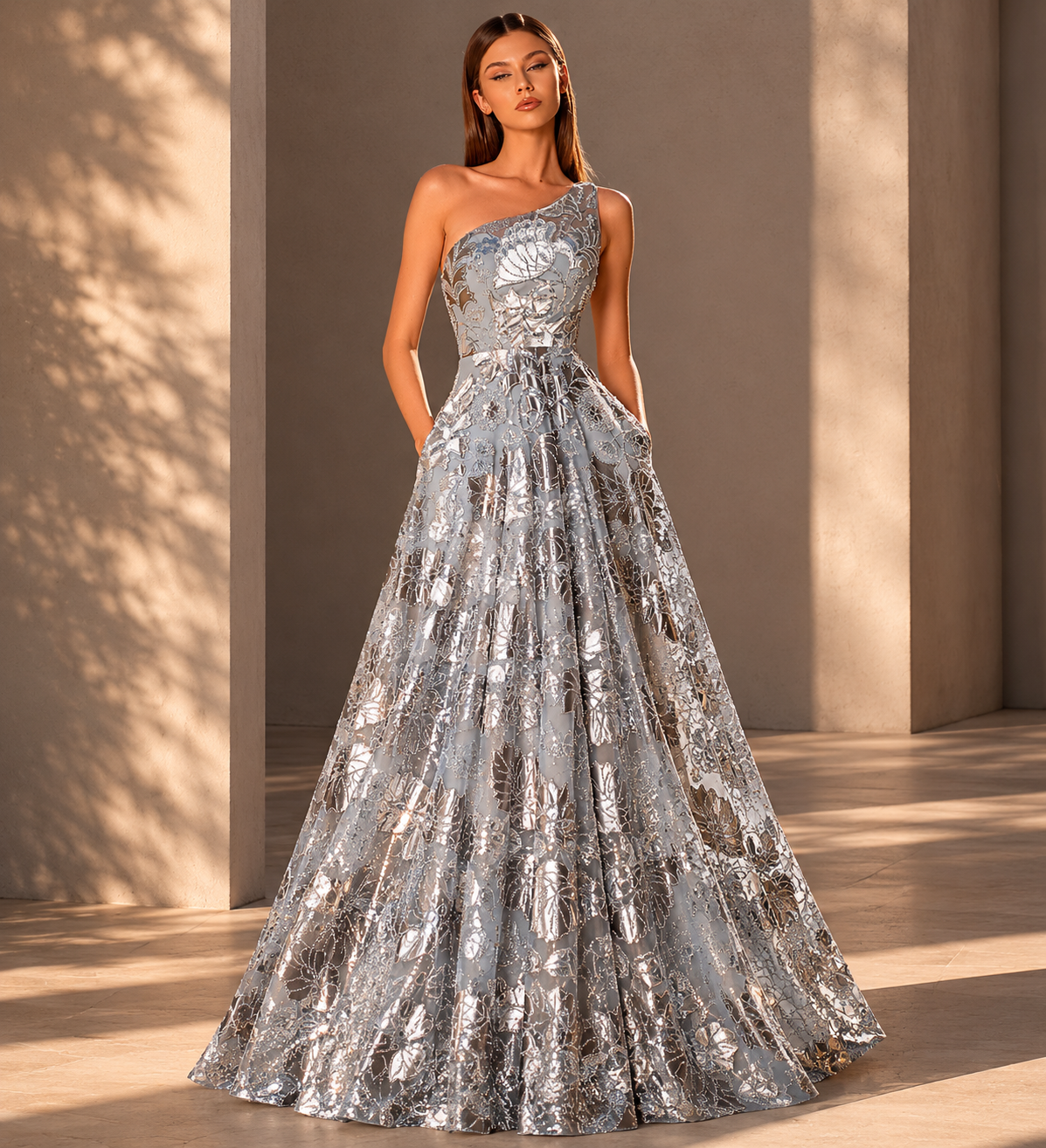 Woman wearing a silver sequin gown against a neutral background