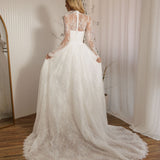 Back view of Vivaldi lace A-line wedding dress with detachable lace bodysuit and full lace skirt train