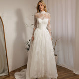 Detachable lace bodysuit over Vivaldi lace A-line wedding dress with Basque waist bodice and full lace skirt