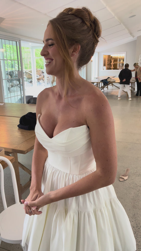 bardot mini bridal gown